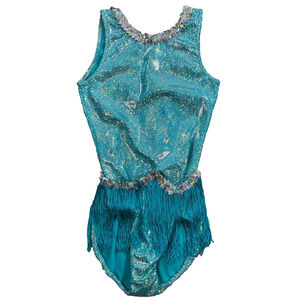 Leo’s Dancewear Costume Leotard Child Medium Aqua Blue Fringe Sequin 41418-1